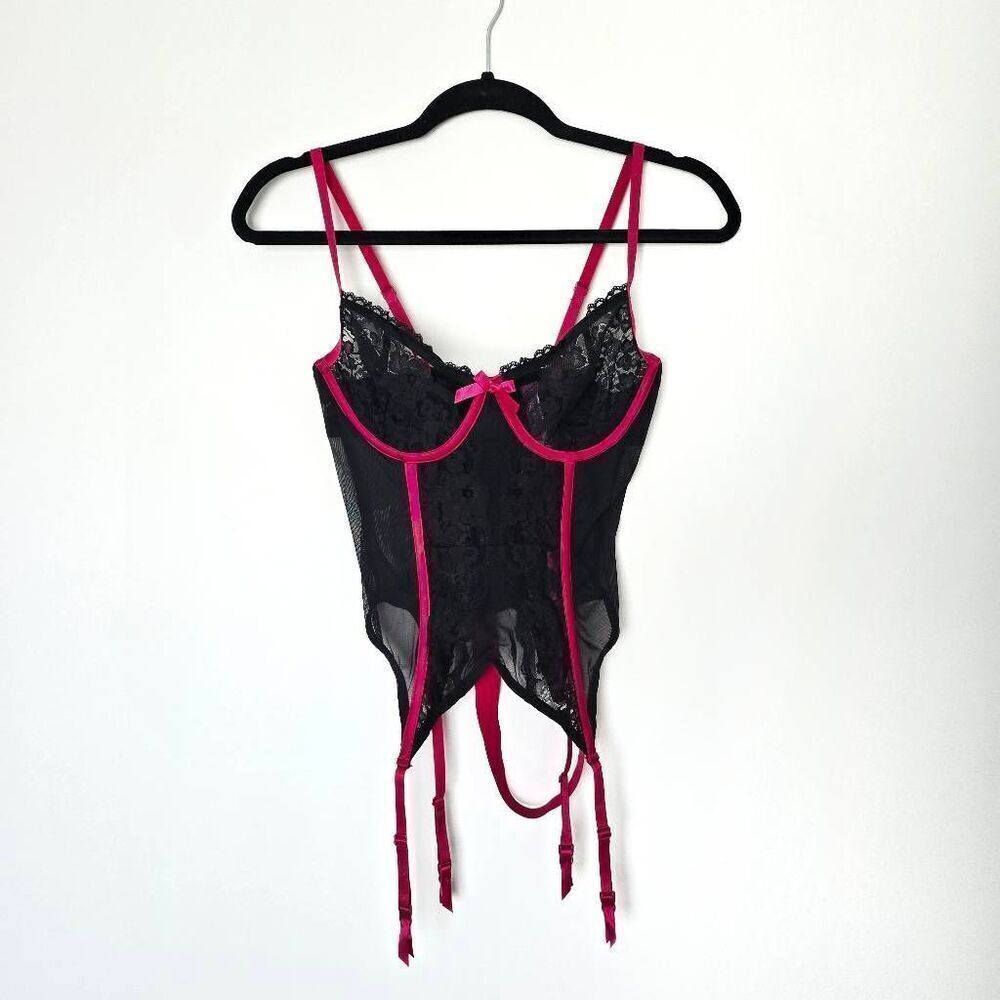 Adore Me Women's Medium Pink Black Merrywidow Hot Garter Belt Corset Lingerie
